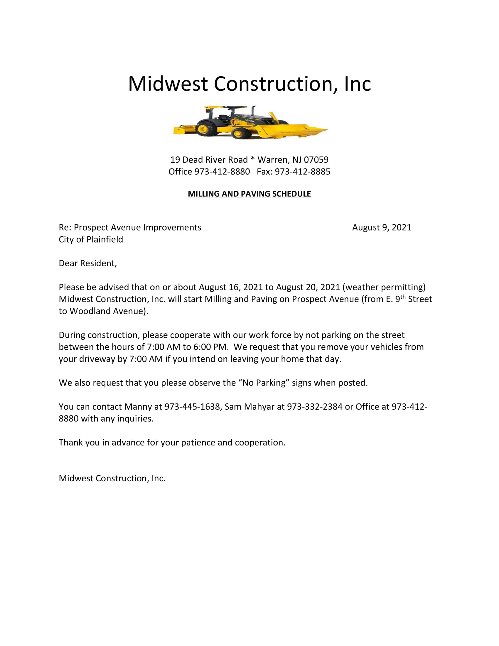 construction notice-milling and paving-Prospect Ave Notice Flyer
